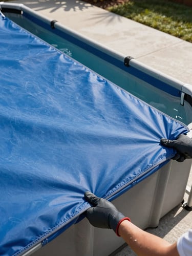 Close-up overhead shot of a pool technician's gloved hands pulling a taut blue winter pool cover over a rectangular in-ground pool, bright midday sun, suburban concrete deck surrounding the pool, South Shore backyard