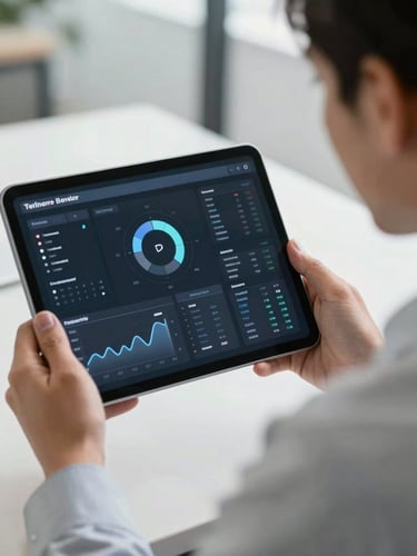 Close-up of a professional business leader looking at a clean digital dashboard on a tablet, soft natural office light, focused and secure atmosphere.