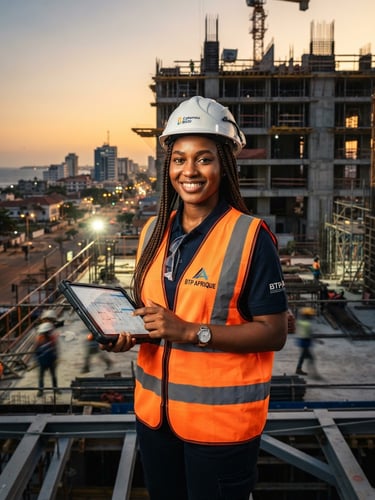 Portrait ultra-réaliste d'une jeune conductrice de travaux africaine, casque blanc de sécurité, gilet de chantier réfléchissant orange, tenant une tablette numérique dans les mains, souriante et confiante sur un chantier moderne à Cotonou au coucher du soleil, style photographique architectural haut de gamme.