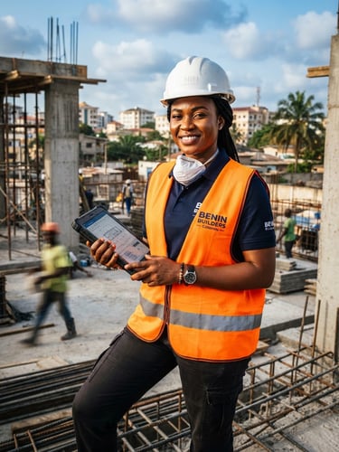 Portrait héroïque d'une jeune conductrice de travaux béninoise en gilet de sécurité et casque blanc, tenant une tablette numérique sur un chantier de construction moderne à Cotonou, lumière du jour contrastée, style architectural.