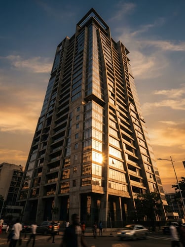 Low-angle architectural photograph of a modern concrete and glass tower in Abidjan, golden hour sun glinting off the facade, sharp focus, premium editorial 35mm