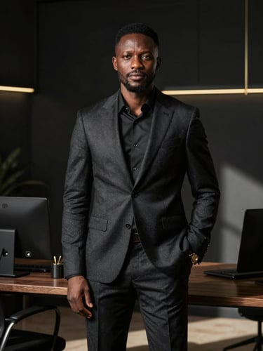 Portrait professionnel de Maxime Agbomahenan, CEO de Max Kofi, costume sombre élégant, regard confiant, arrière-plan de bureau d'architecte épuré, éclairage de studio haut de gamme.