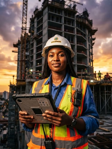Low-angle heroic portrait of a young West African female site manager in a white hard hat and safety vest, holding a digital tablet on a modern construction site, dramatic sunset lighting, sharp focus, 35mm editorial.