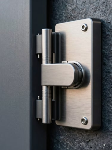 Brushed steel vault locking mechanism with high-end modern architectural lines, cool morning daylight, slate gray tones, sharp focus.