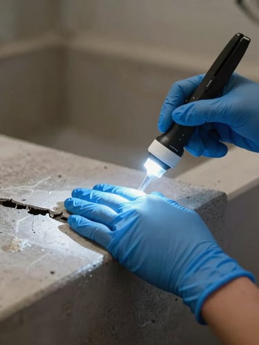 Primer plano de manos profesionales con guantes de nitrilo aplicando sellador en una grieta estructural, iluminación azul con un foco brillante.