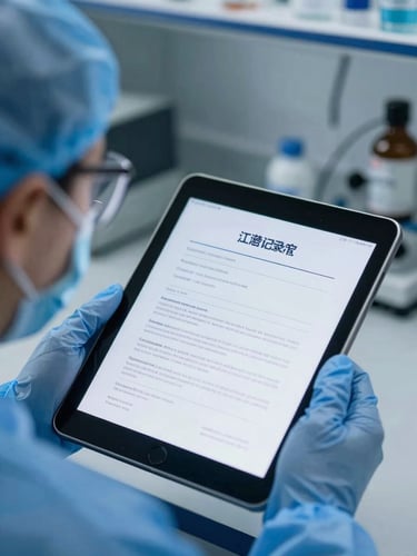 Technical close-up of a certified sanitation document on a digital tablet held by a technician in clean blue PPE, cool ambient laboratory lighting, sharp focus on the screen.