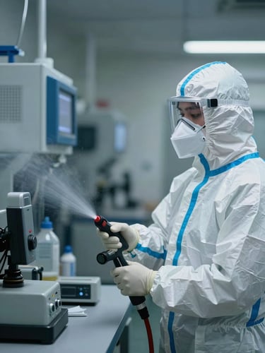 Técnico de bioseguridad con traje de protección autónomo y máscara aplicando desinfección técnica en un espacio industrial de Bogotá, iluminación azul de alta tecnología, enfoque nítido en el equipo de aspersión.