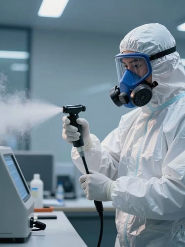 Professional technician in full white protective suit and respirator mask, spraying fine sanitizing mist in a modern office space, high-contrast cool blue lighting with sharp highlights on the equipment.