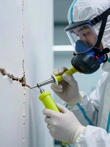 Close-up of a professional technician in full white PPE and respirator sealing a structural wall crack with precision applicator, cool blue ambient lighting, sharp lime highlights on tools, high contrast.