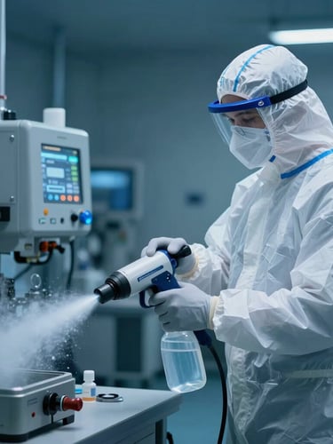 Primer plano de operario con traje de bioseguridad completo aplicando desinfectante con termonebulizadora en un entorno industrial con iluminación azulada fría y destellos técnicos.