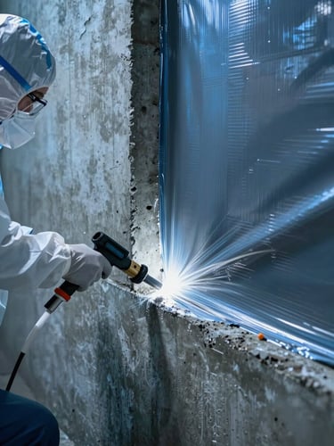 Close-up of a professional technician in clean protective gear applying high-grade waterproofing membrane to a concrete basement joint, cool blue ambient light with sharp white highlights on the application tool, high-contrast structural detail.