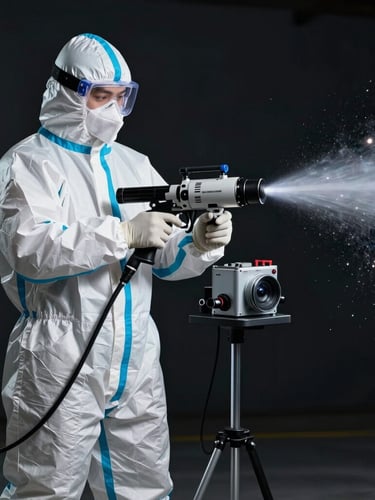 Primer plano técnico de un operario con traje de protección biológica completo aplicando termonebulización con equipo especializado de precisión, iluminación fría con destellos metálicos sobre fondo oscuro.