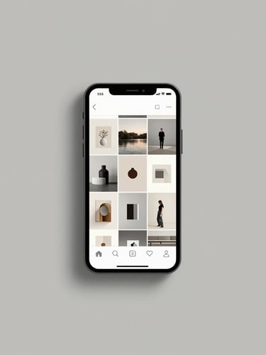 Flat-lay minimalist digital mockup of a sleek smartphone displaying a curated Instagram grid, clean studio lighting, neutral grey background, sharp focus