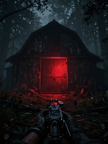 Immersive third-person game screenshot of a dark, foggy forest at night, a faint red light glowing behind a wooden barn door, heavy shadows, gritty texture, 35mm film look