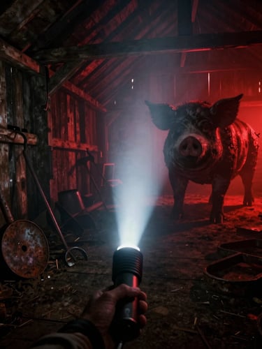 First-person perspective gameplay screenshot of a dark wooden barn interior, a single flashlight beam cutting through dense fog, revealing a terrifying silhouette of a massive, mutated pig standing near rusted farm tools, low-key dramatic red neon backlighting, gritty 35mm film texture.