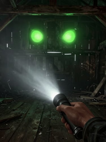 Immersive third-person game screenshot, character holding a flickering flashlight inside a dilapidated wooden barn, eerie shadows, acid green glowing eyes in the dark background, gritty texture.