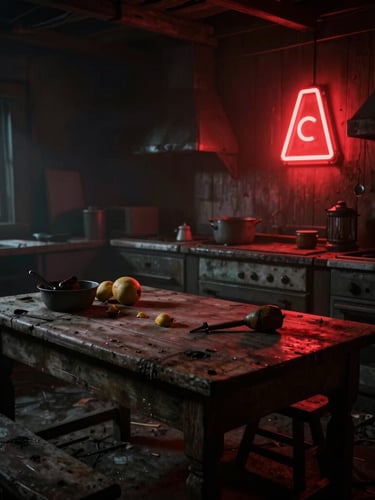 Dark cinematic game photography, interior of a ruined farmhouse kitchen, rotten food on the table, a single warning red neon light casting long shadows, gritty texture.