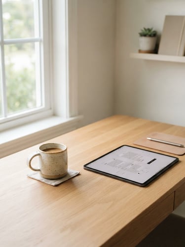 Minimalist desk with a ceramic cup, soft natural light from a window, a tablet showing a clean wireframe, warm neutral tones, editorial photography.