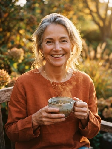 A warm golden-hour portrait of a strong, radiant 50-year-old woman with silver-streaked hair, smiling warmly, holding a cup of herbal tea, soft outdoor light, 35mm film style