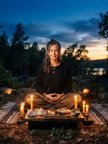A serene midlife woman meditating outdoors at twilight, warm candlelit glow, deep cosmic indigo and terracotta tones, 35mm film style.