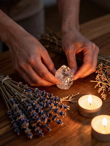 Close-up of hands arranging dried lavender, cedar sprigs, and a raw quartz crystal on a wooden altar, warm candlelit glow, mystical atmosphere