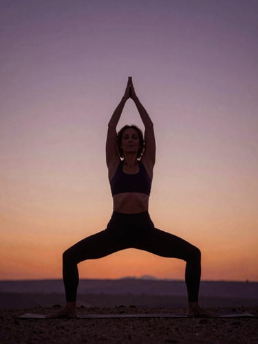 Warm photography of a midlife woman performing a mindful yoga pose outdoors at twilight, soft purple and orange sky, 35mm film style