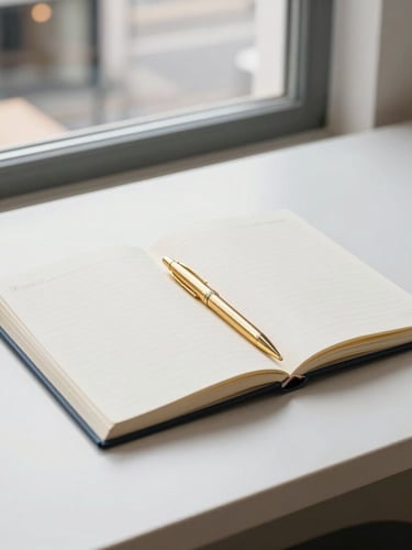 editorial workspace photography, clean minimalist desk with an open notebook, gold pen, and architectural details of a local cafe visible through a window, soft natural light, 35mm