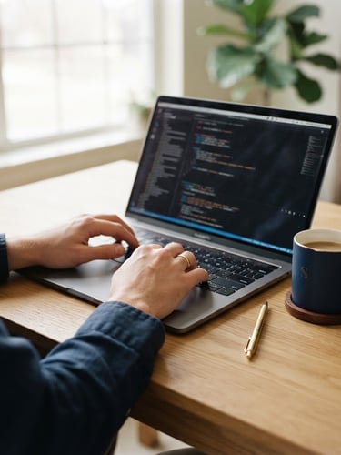editorial workspace photography, close-up of hands typing on a laptop on a clean wooden desk, soft natural window light, navy coffee mug nearby, 35mm