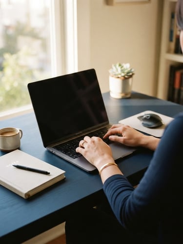 Over-the-shoulder view of a clean minimalist workspace, hands typing on a laptop, warm natural window light, subtle gold notebook on a deep navy desk, 35mm editorial photography