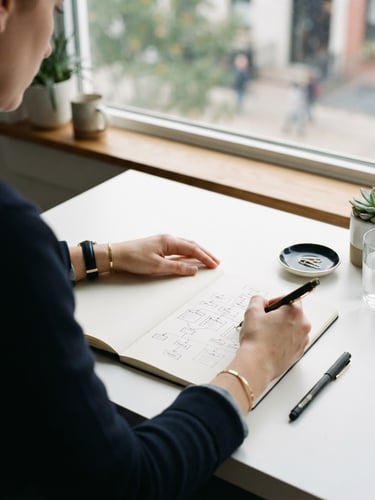Over-the-shoulder workspace view, crisp white desk, open notebook with hand-drawn site architecture, soft natural window light, editorial feel, 35mm