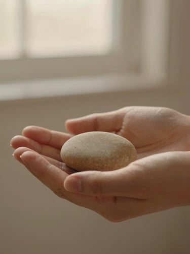 Close-up macro shot of hands gently holding a smooth, warm beige river stone, soft focus, natural linen texture in the background, soft golden-hour light, shallow depth of field, minimalist composition.