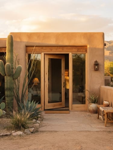 Entrada de un santuario de bienestar en Tucson, Arizona, bañado por la suave luz dorada del atardecer, con detalles de madera clara y plantas desérticas, transmitiendo serenidad y bienvenida. Composición minimalista y cálida.