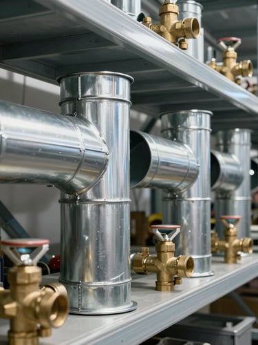High-resolution orthographic shot of industrial galvanized steel HVAC duct seams and brass plumbing valves, organized on clean warehouse racking.