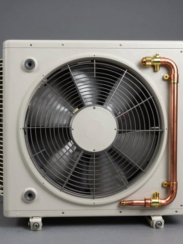 Front-facing orthographic studio shot of a commercial fan coil unit, showing clean copper piping and brass connection terminals