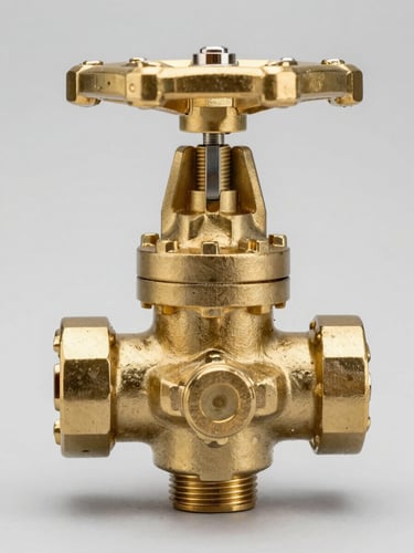 High-resolution macro shot of a heavy-duty industrial brass gate valve, bright neutral studio lighting revealing clean metallic textures and precise thread details, orthographic front-facing view, plain light gray background.