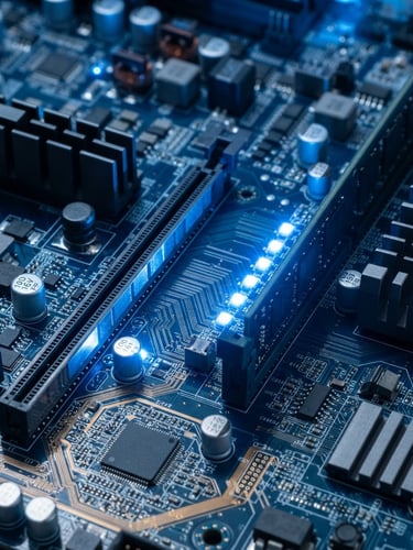 Close-up of clean motherboard circuits with glowing blue LED indicator lights, sharp focus, high-precision technical photography