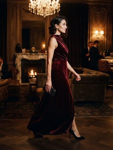 Portrait vertical, vue latérale, d'une femme élégante en robe de soirée bordeaux, marchant avec assurance dans un salon privé luxueux, éclairage tamisé, atmosphère exclusive, textures velours et marbre.