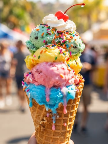 Close-up of a towering, colorful ice cream cone with pink and blue scoops dripping slightly in bright natural sunlight, macro shot, 50mm lens