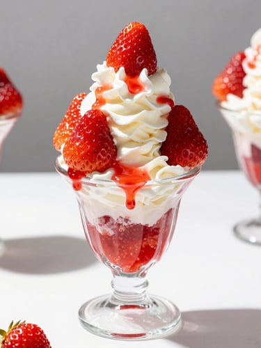 Macro shot of a towering strawberry and vanilla sundae dripping with bright red syrup in high-key natural sunlight, sharp playful shadows, vibrant colors, 50mm lens.
