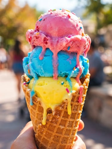 Vibrant close-up of three dripping scoops of pink, blue, and yellow ice cream in a freshly pressed waffle cone, bright natural Utah sunlight, sharp playful shadows, 50mm lens.