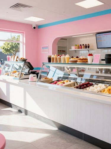 Wide shot of a cheerful, modern-retro ice cream parlor interior, clean white counters, bright pink and blue accents, natural sunlight streaming through windows.