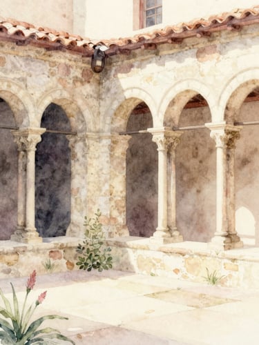 Watercolor illustration of a historic stone cloister courtyard with soft light filtering through archways, romantic botanical details