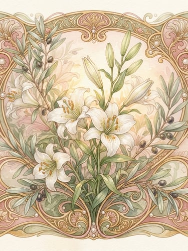 Watercolor illustration of delicate white lilies and olive branches, soft diffused golden hour light filtering through, warm ivory background, elegant art nouveau frame