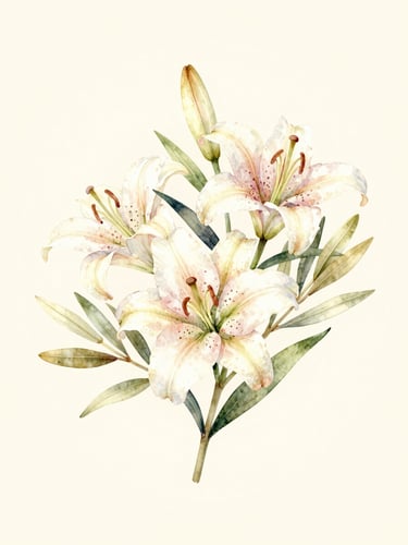 Watercolor illustration of delicate white lilies and soft green olive branches on a warm ivory paper background, soft diffused golden hour light