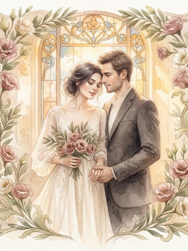 Watercolor portrait of a romantic couple in soft-focus, framed by delicate lisianthus and olive foliage, warm golden-hour light filtering through stained glass, elegant art nouveau style