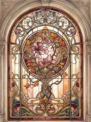 Watercolor illustration of a classical stained glass window arch, soft autumn light filtering through, delicate burgundy and dusty rose petals, elegant art nouveau style.
