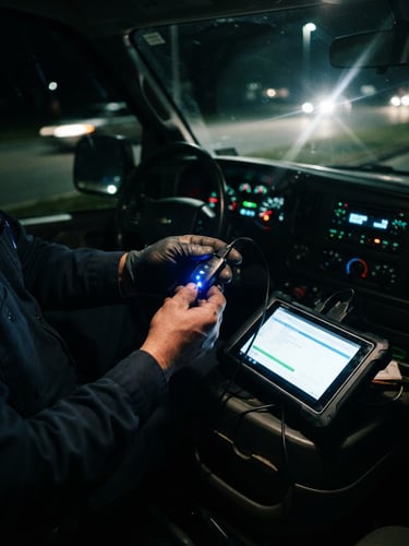 A close-up of a technician's hands programming a glowing transponder key fob inside a mobile service van at night, dashboard screens illuminated in the background
