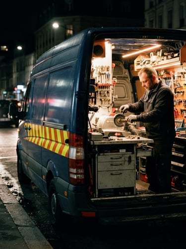 A mobile locksmith service van parked on a city street at night, emergency alert yellow stripes reflecting headlights, hands cutting a key inside the illuminated workshop cabin, sharp commercial photography, 35mm.