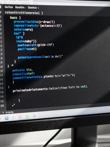 Macro close-up of clean, structured CSS code displayed on an ultra-high-resolution screen, dramatic side daylight casting sharp geometric shadows across the monitor bezel, monochrome with electric blue code highlights.