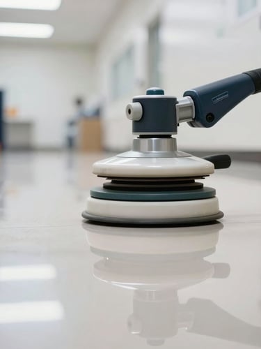 Close-up of a professional floor buffer with a high-gloss reflection on a perfectly polished commercial floor, bright clean overhead lighting, sharp focus, 35mm